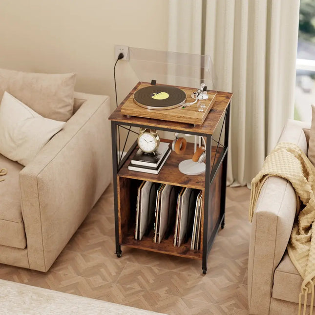 Mobile Record Player Stand with Power Outlet with Open Shelf and Dividers-Rustic Brown - Rustic Brown - End & Side