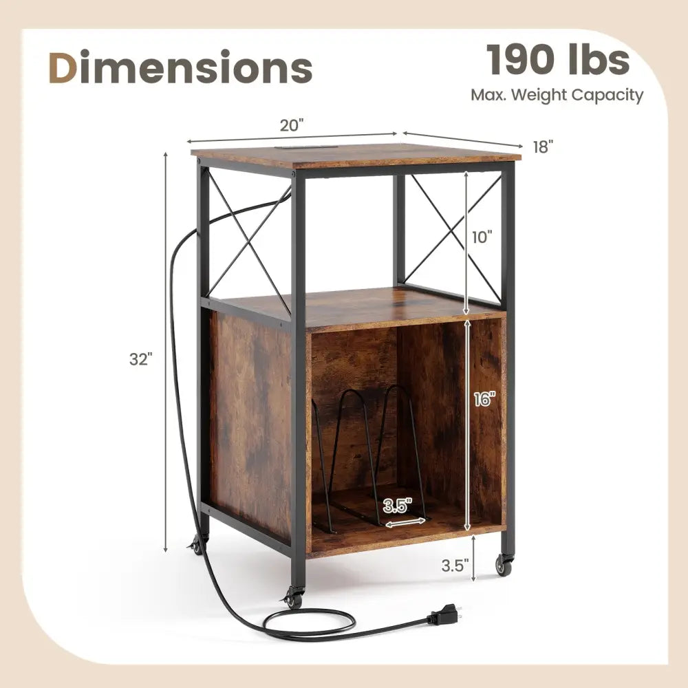 Mobile Record Player Stand with Power Outlet with Open Shelf and Dividers-Rustic Brown - Rustic Brown - End & Side