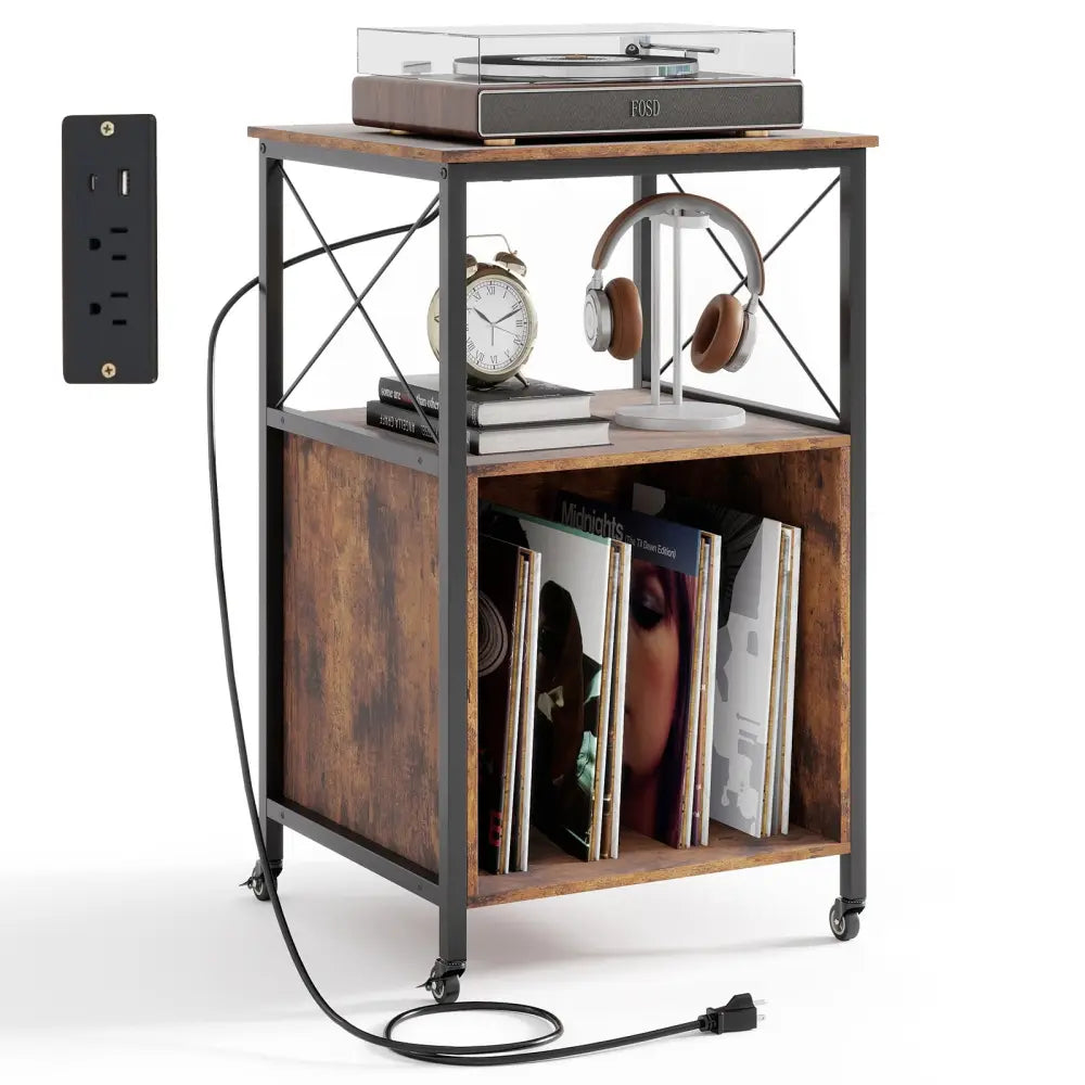 Mobile Record Player Stand with Power Outlet with Open Shelf and Dividers-Rustic Brown - Rustic Brown - End & Side