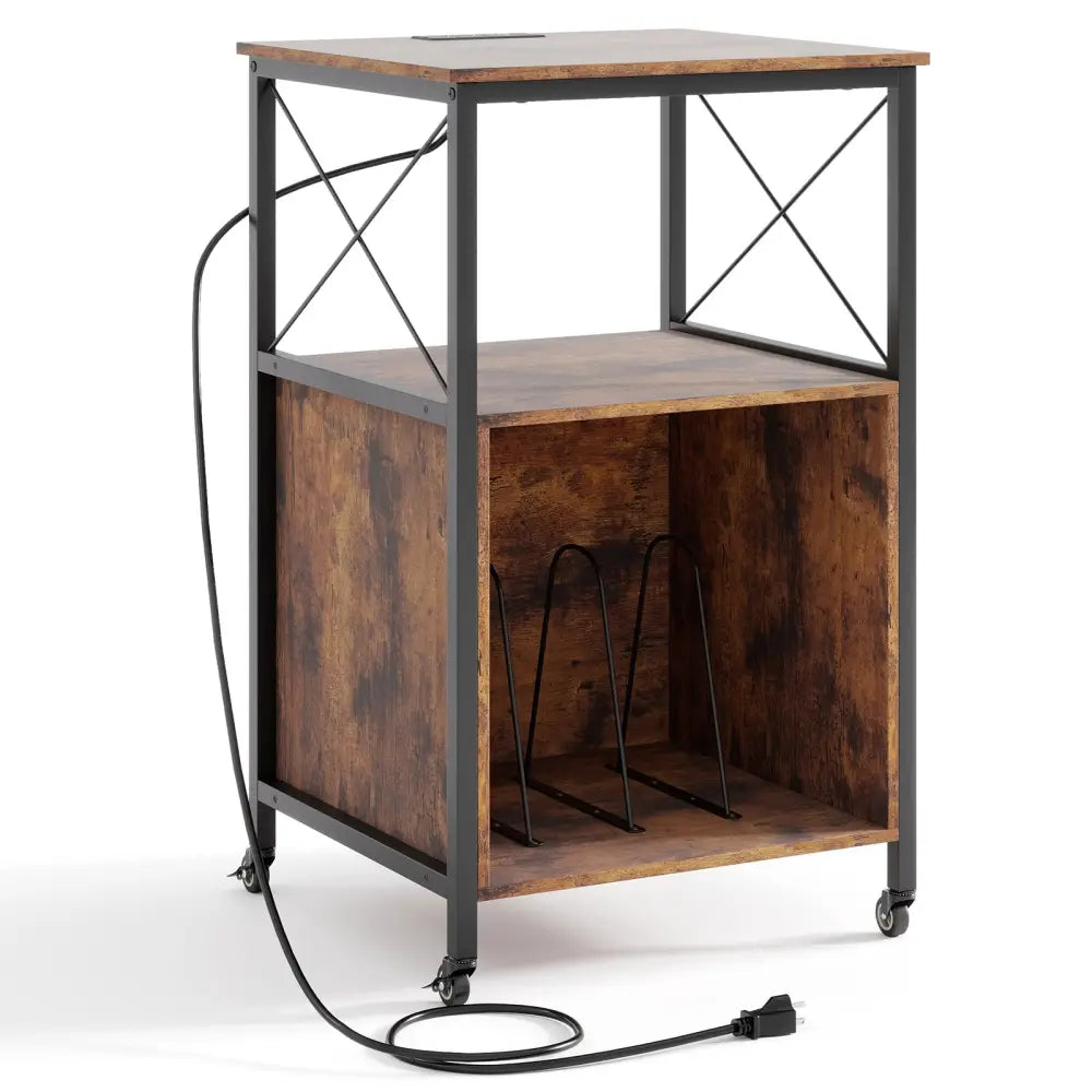 Mobile Record Player Stand with Power Outlet with Open Shelf and Dividers-Rustic Brown - Rustic Brown - End & Side