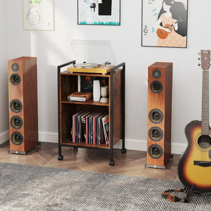 Mobile Record Player Stand with Power Outlet-Rustic Brown - Rustic Brown - End & Side Tables