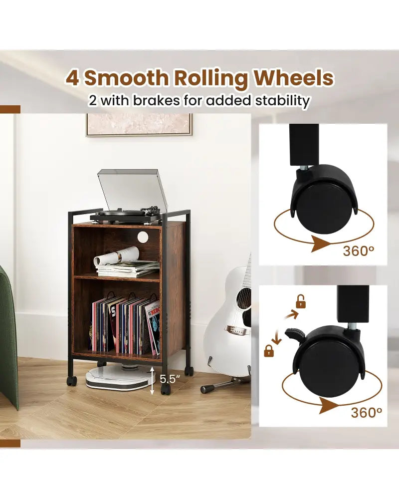 Mobile Record Player Stand with Power Outlet-Rustic Brown - Rustic Brown - End & Side Tables
