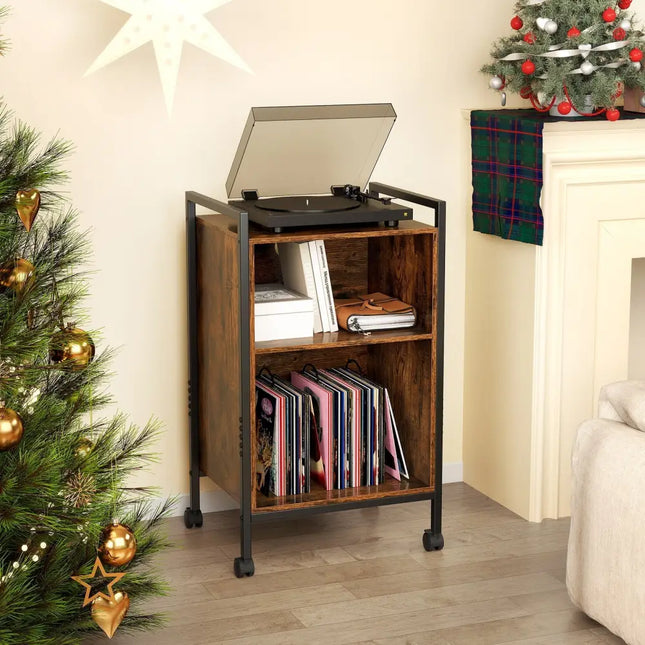 Mobile Record Player Stand with Power Outlet-Rustic Brown - Rustic Brown - End & Side Tables