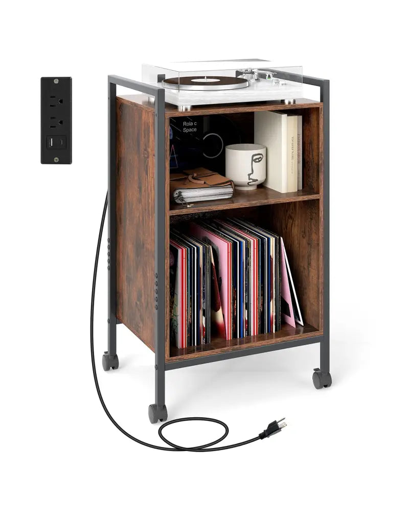 Mobile Record Player Stand with Power Outlet-Rustic Brown - Rustic Brown - End & Side Tables