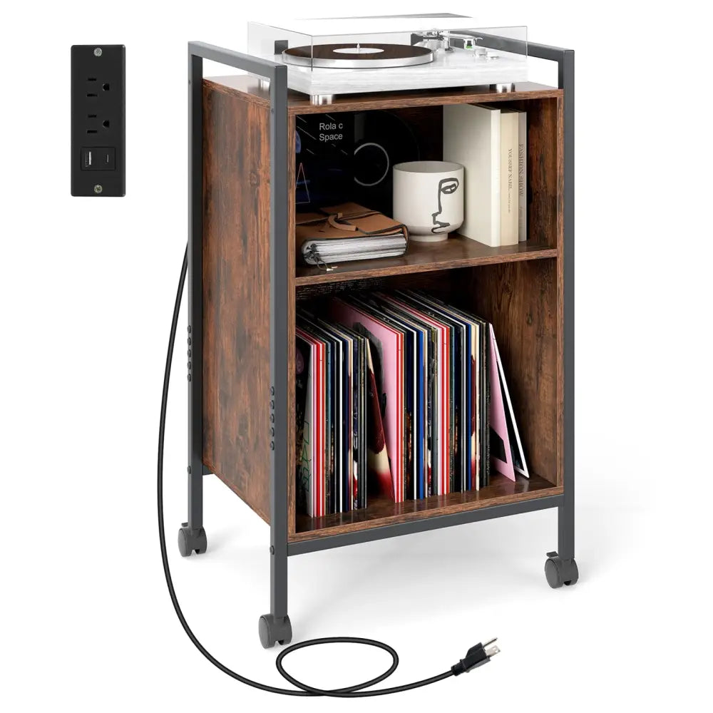 Mobile Record Player Stand with Power Outlet-Rustic Brown - Rustic Brown - End & Side Tables