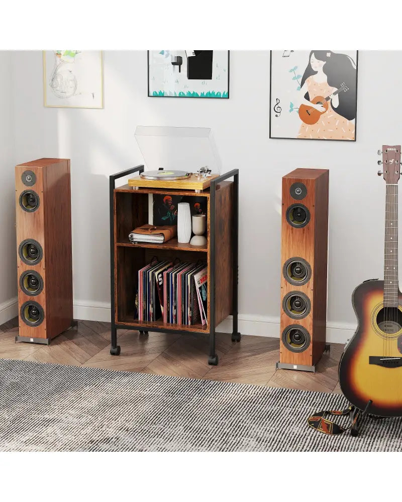 Mobile Record Player Stand with Power Outlet-Rustic Brown - Rustic Brown - End & Side Tables
