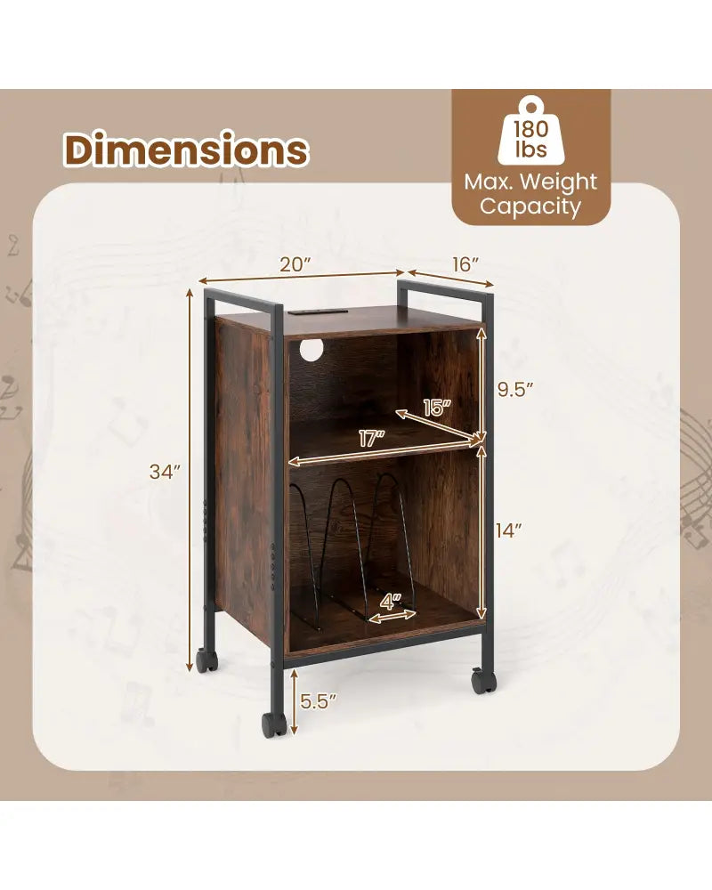 Mobile Record Player Stand with Power Outlet-Rustic Brown - Rustic Brown - End & Side Tables