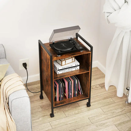Mobile Record Player Stand with Power Outlet-Rustic Brown - Rustic Brown - End & Side Tables