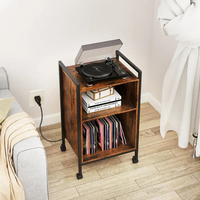 Mobile Record Player Stand with Power Outlet-Rustic Brown - Rustic Brown - End & Side Tables