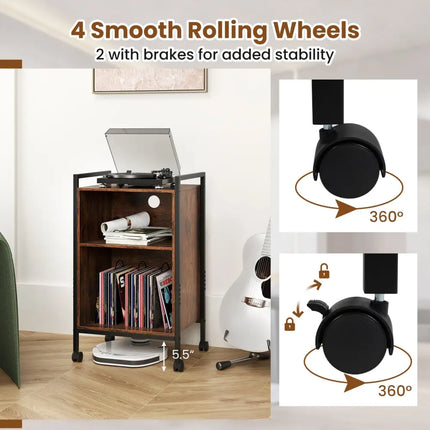 Mobile Record Player Stand with Power Outlet-Rustic Brown - Rustic Brown - End & Side Tables