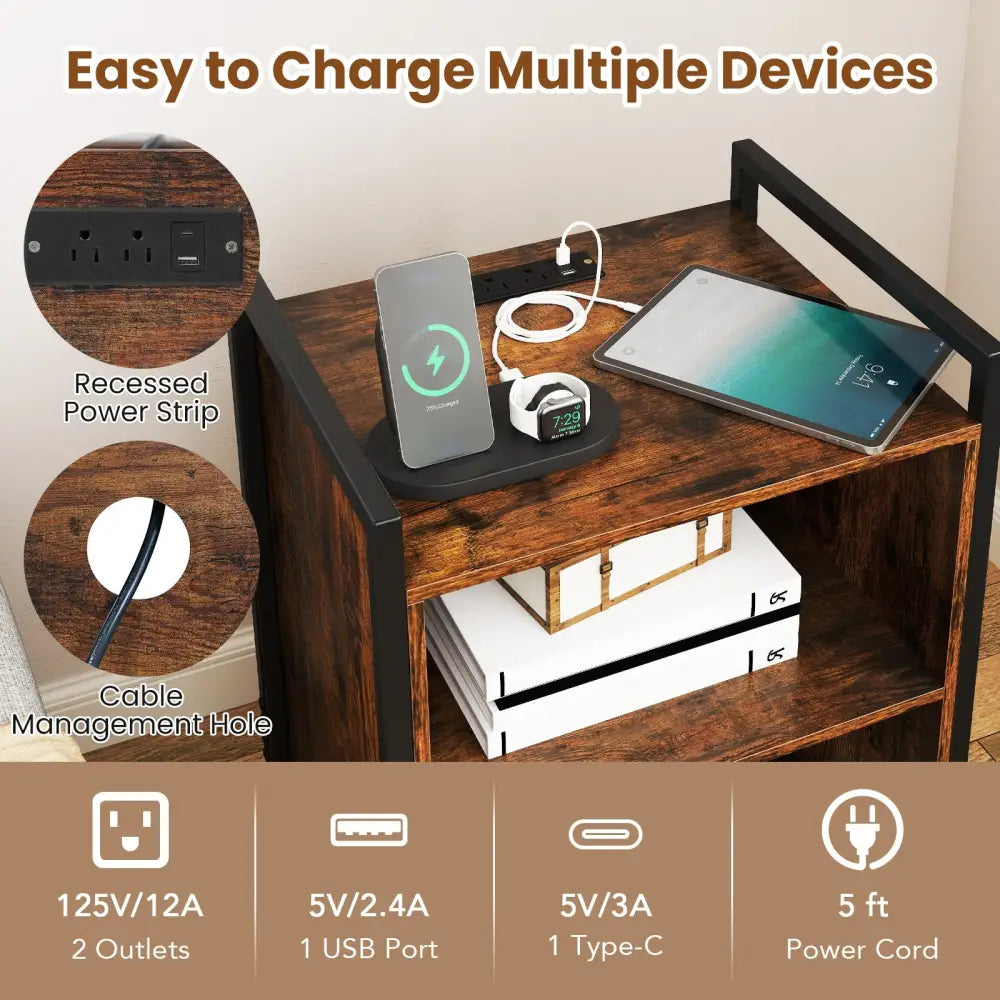 Mobile Record Player Stand with Power Outlet-Rustic Brown - Rustic Brown - End & Side Tables