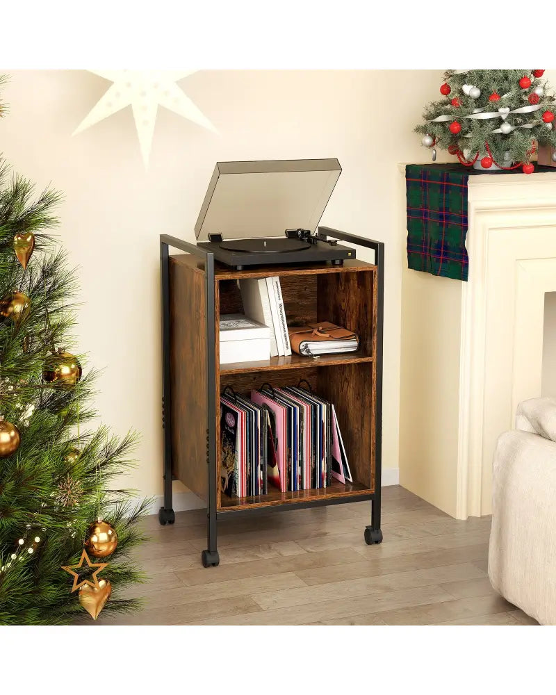 Mobile Record Player Stand with Power Outlet-Rustic Brown - Rustic Brown - End & Side Tables