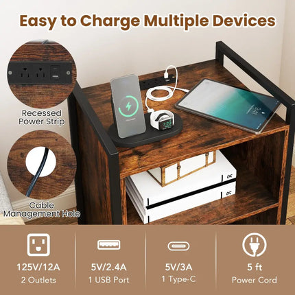 Mobile Record Player Stand with Power Outlet-Rustic Brown - Rustic Brown - End & Side Tables