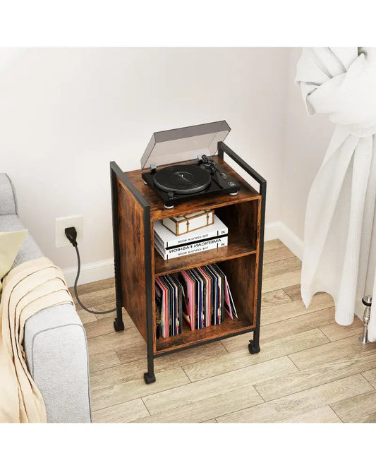 Mobile Record Player Stand with Power Outlet-Rustic Brown - Rustic Brown - End & Side Tables