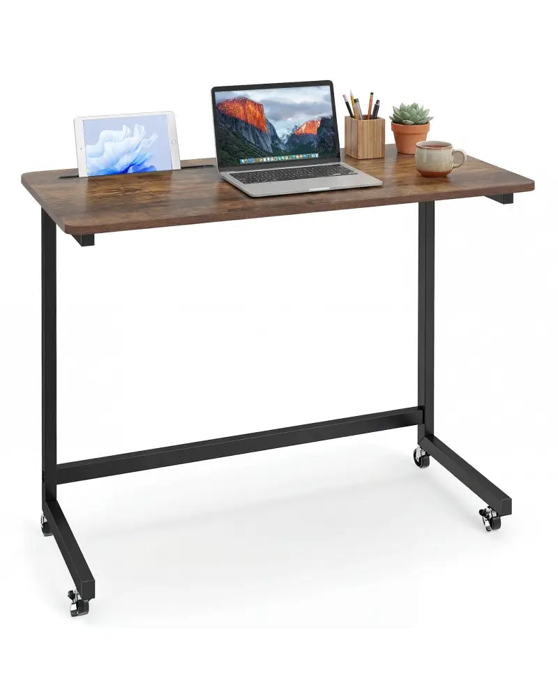 Mobile Side Table Rolling Laptop Desk Cart with Tablet Slot-Rustic Brown - Rustic Brown - End & Side Tables