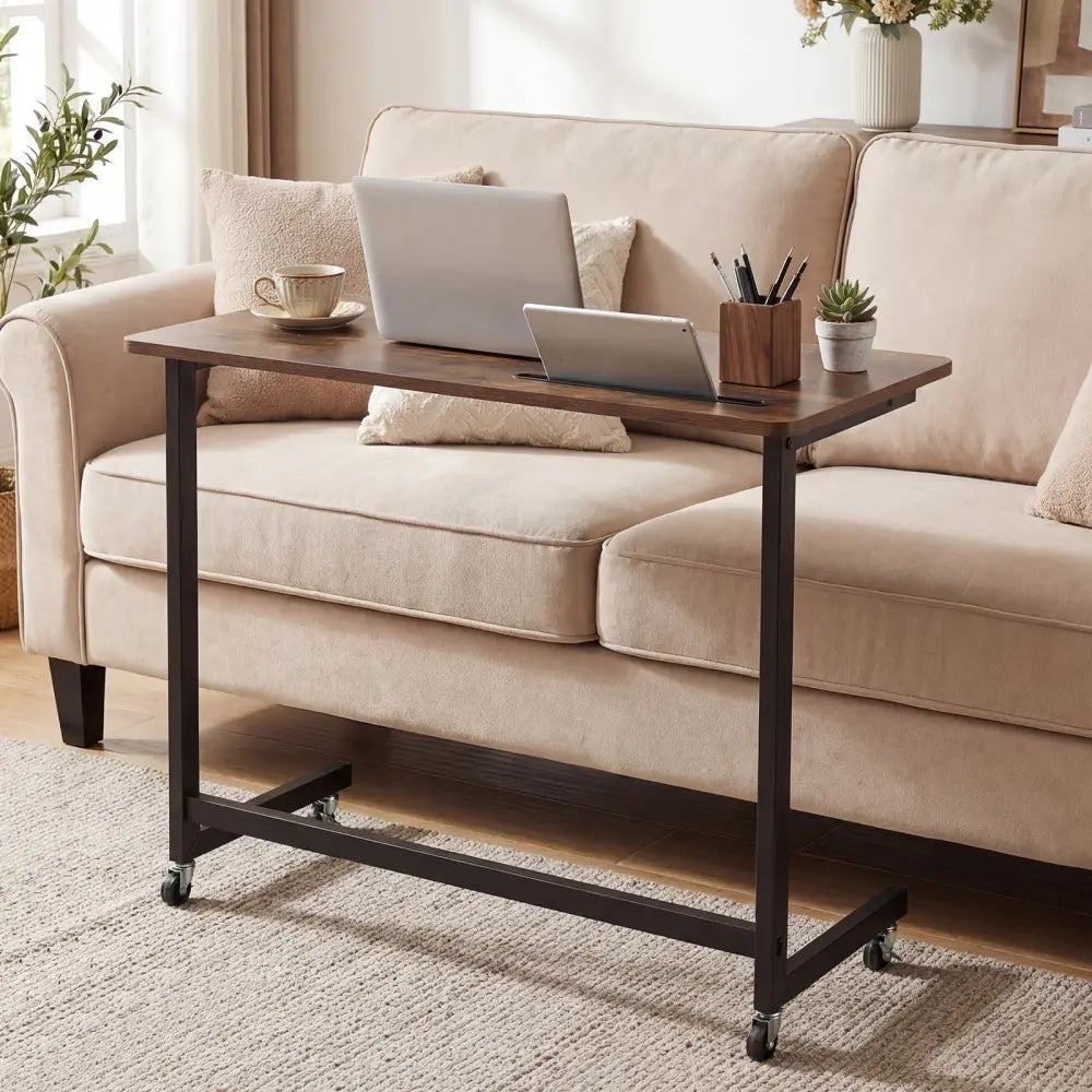 Mobile Side Table Rolling Laptop Desk Cart with Tablet Slot-Rustic Brown - Rustic Brown - End & Side Tables
