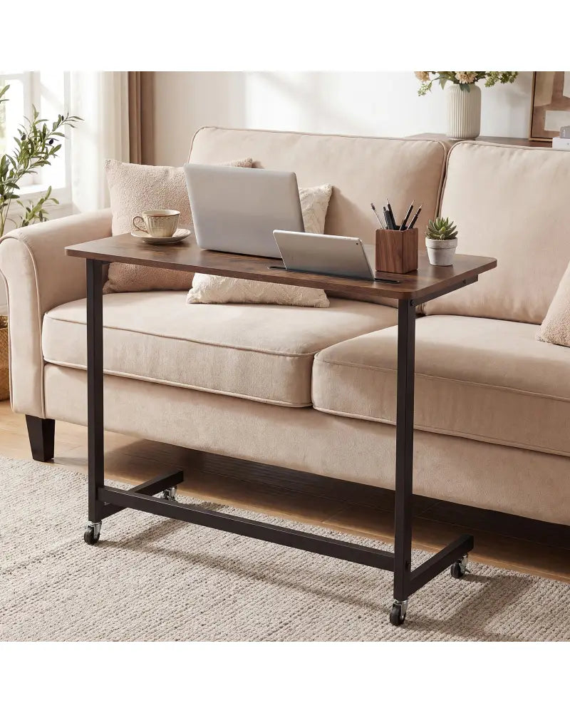 Mobile Side Table Rolling Laptop Desk Cart with Tablet Slot-Rustic Brown - Rustic Brown - End & Side Tables