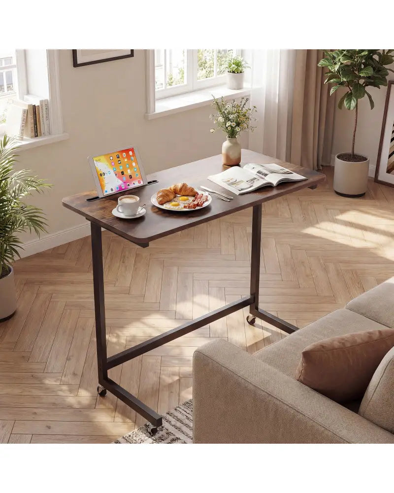 Mobile Side Table Rolling Laptop Desk Cart with Tablet Slot-Rustic Brown - Rustic Brown - End & Side Tables