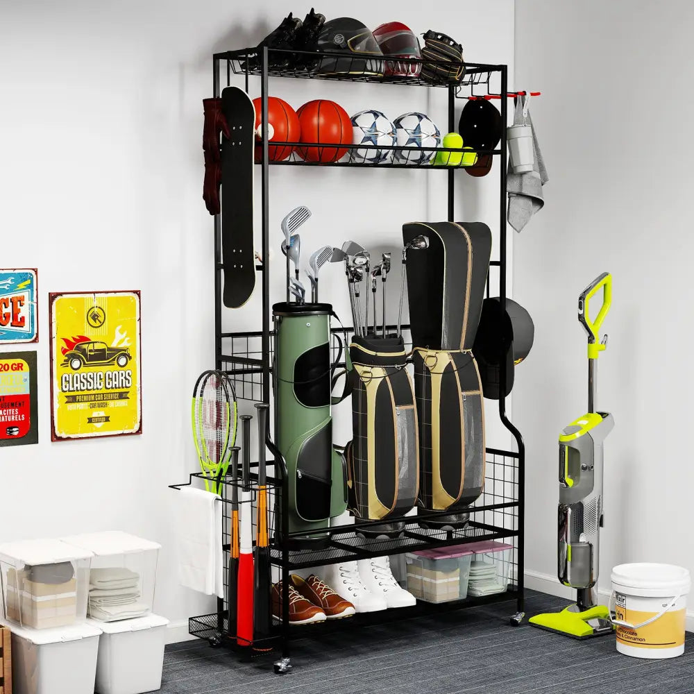 Mobile Sports Equipment Organizer with Golf Bags Storage and Club Rack-Black - Black - Sport Equipments