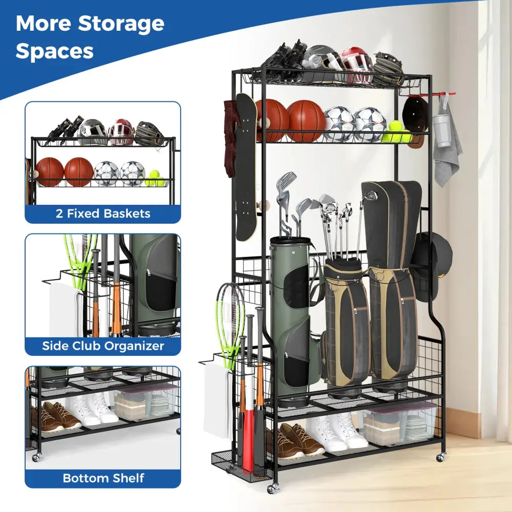Mobile Sports Equipment Organizer with Golf Bags Storage and Club Rack-Black - Black - Sport Equipments