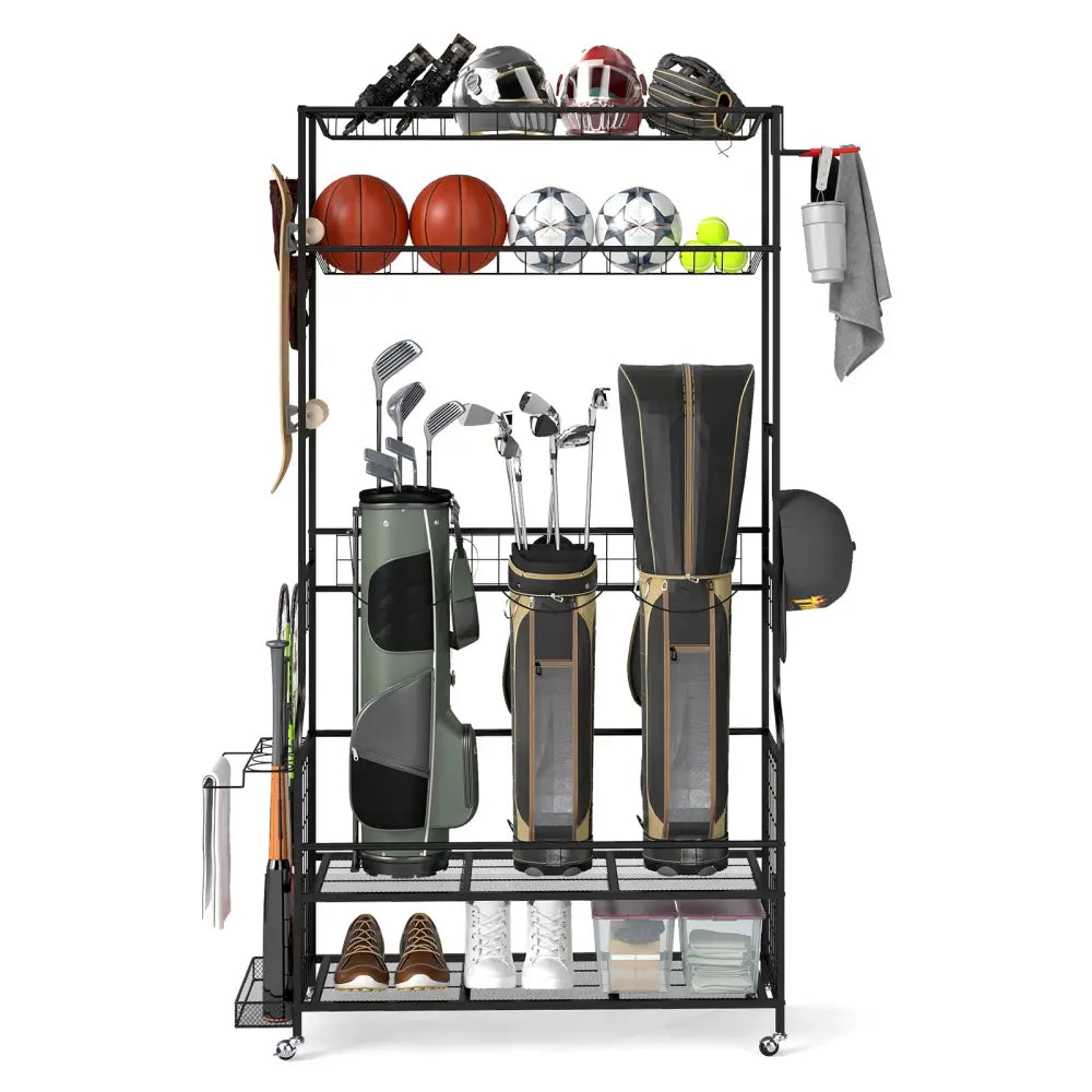 Mobile Sports Equipment Organizer with Golf Bags Storage and Club Rack-Black - Black - Sport Equipments