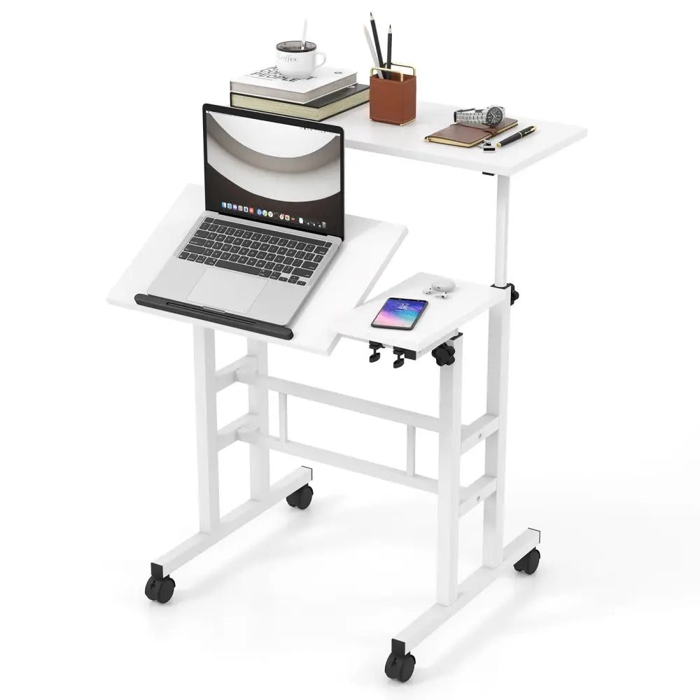 Mobile Stand-up Computer Desk Adjustable with 2 Tilting Desktops-White - White - Laptop Tables & Printer Stands