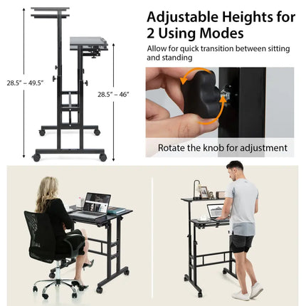 Mobile Stand-up Computer Desk Adjustable with 2 Tilting Desktops-Black - Black - Laptop Tables & Printer Stands