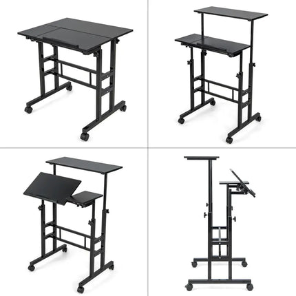 Mobile Stand-up Computer Desk Adjustable with 2 Tilting Desktops-Black - Black - Laptop Tables & Printer Stands