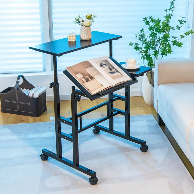 Mobile Stand-up Computer Desk Adjustable with 2 Tilting Desktops-Black - Black - Laptop Tables & Printer Stands