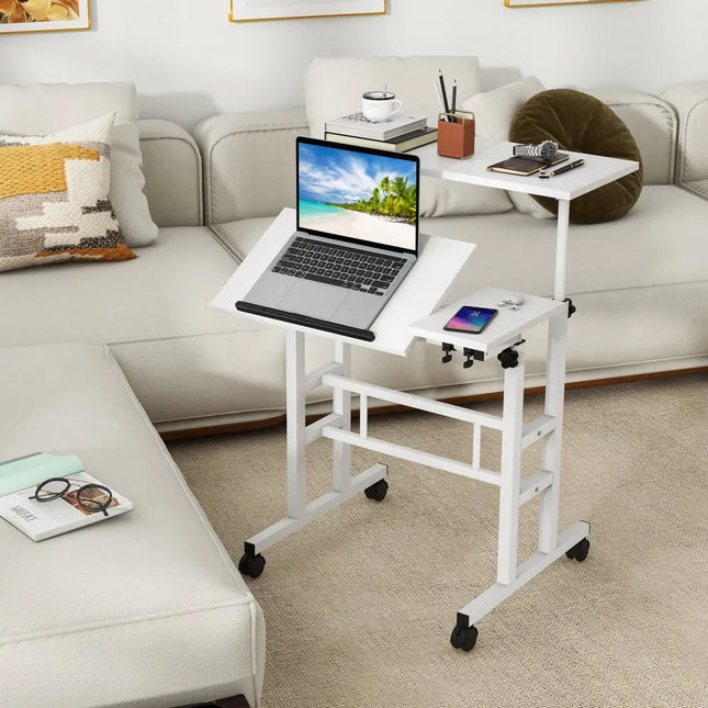 Mobile Stand-up Computer Desk Adjustable with 2 Tilting Desktops-White - White - Laptop Tables & Printer Stands
