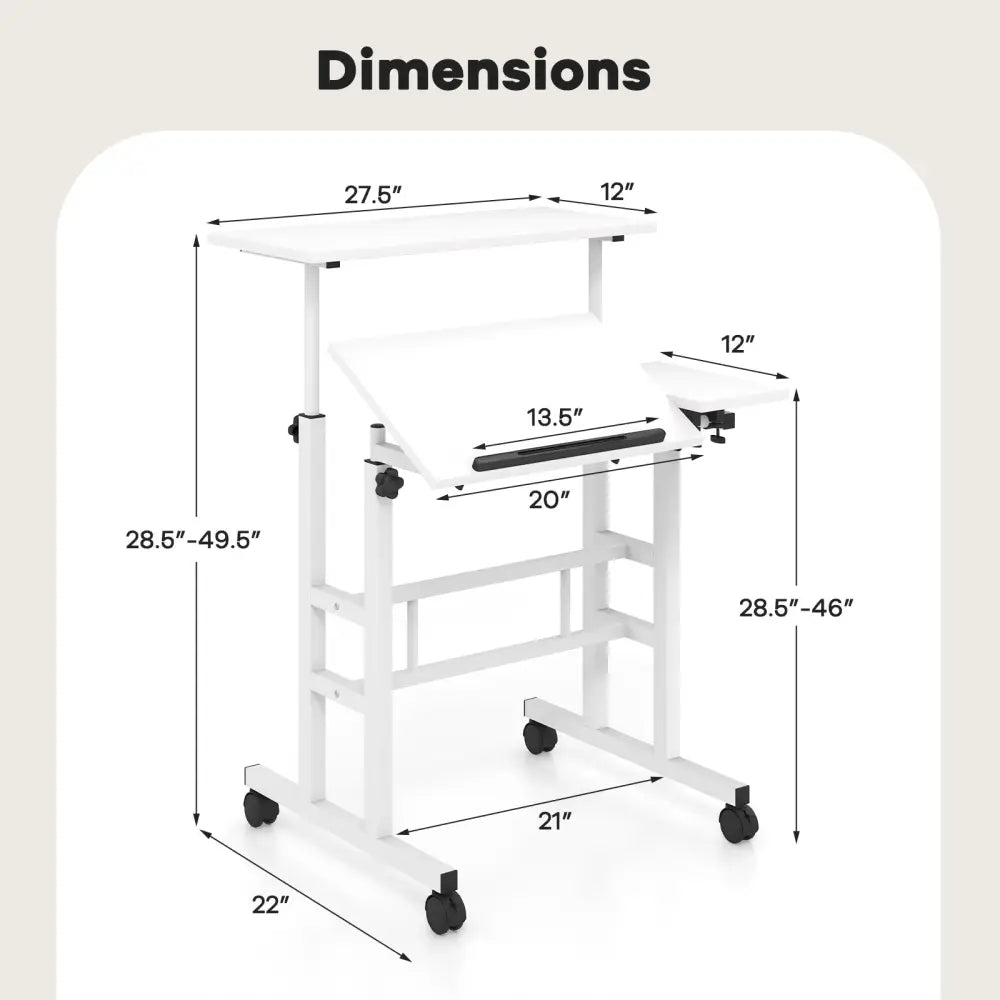 Mobile Stand-up Computer Desk Adjustable with 2 Tilting Desktops-White - White - Laptop Tables & Printer Stands