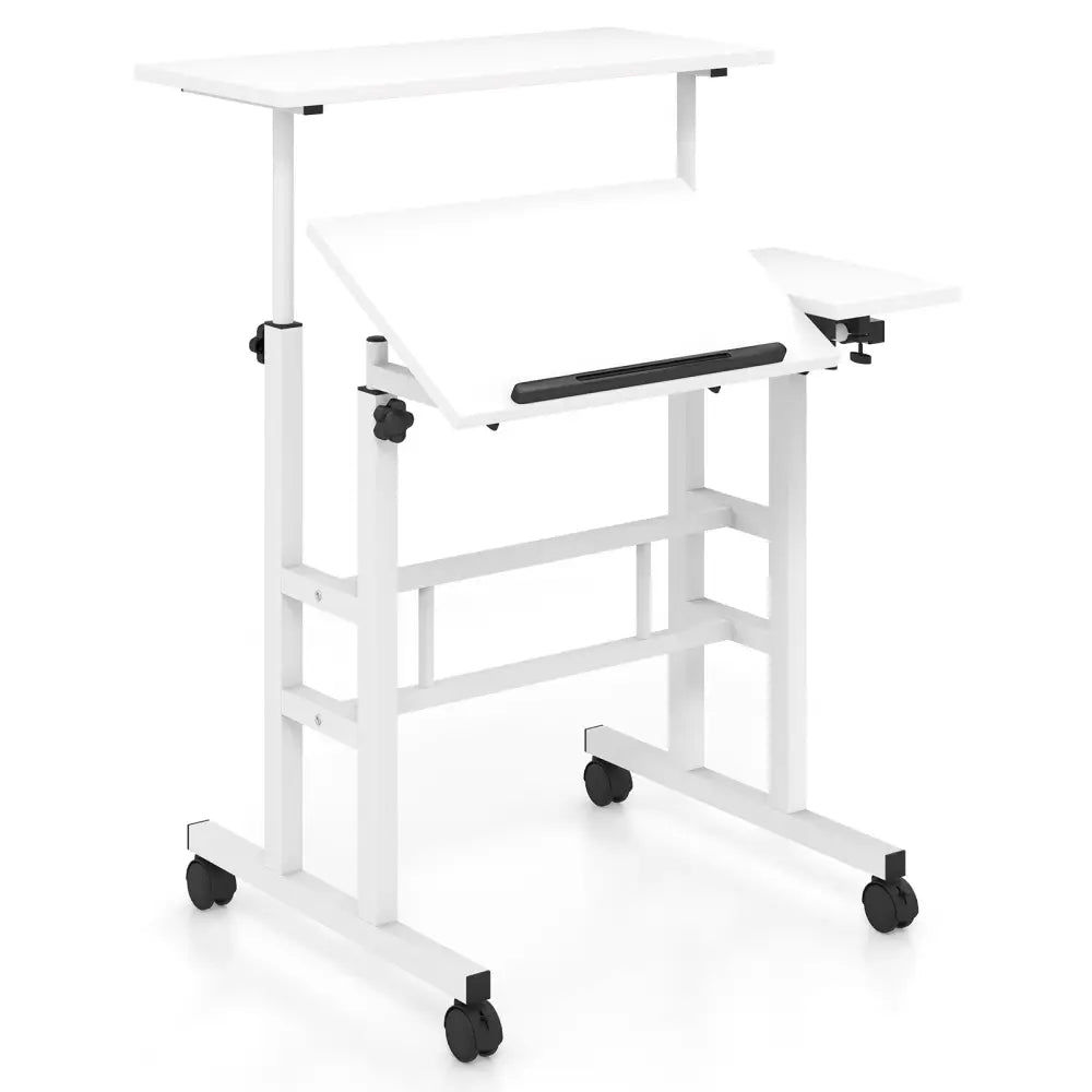 Mobile Stand-up Computer Desk Adjustable with 2 Tilting Desktops-White - White - Laptop Tables & Printer Stands
