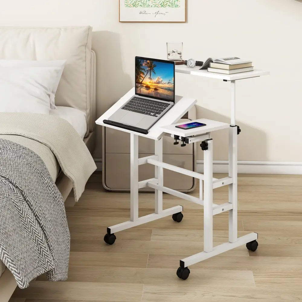 Mobile Stand-up Computer Desk Adjustable with 2 Tilting Desktops-White - White - Laptop Tables & Printer Stands