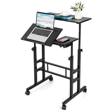 Mobile Stand-up Computer Desk Adjustable with 2 Tilting Desktops-Black - Black - Laptop Tables & Printer Stands