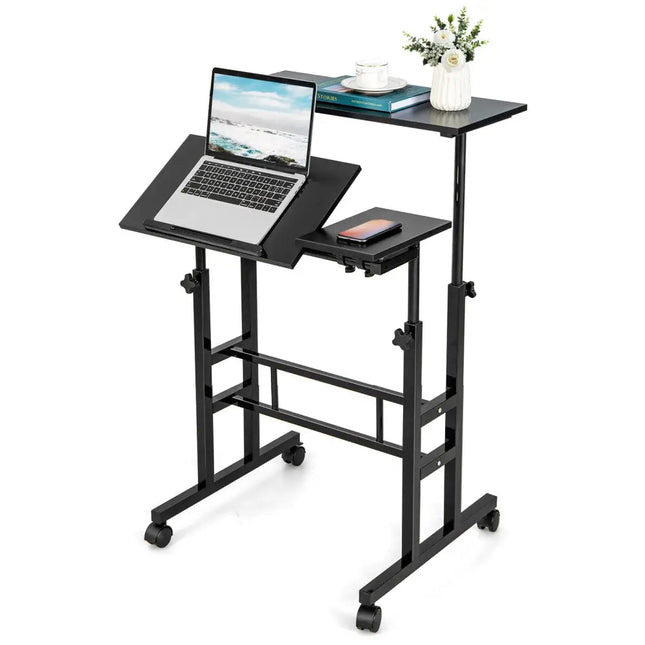 Mobile Stand-up Computer Desk Adjustable with 2 Tilting Desktops-Black - Black - Laptop Tables & Printer Stands