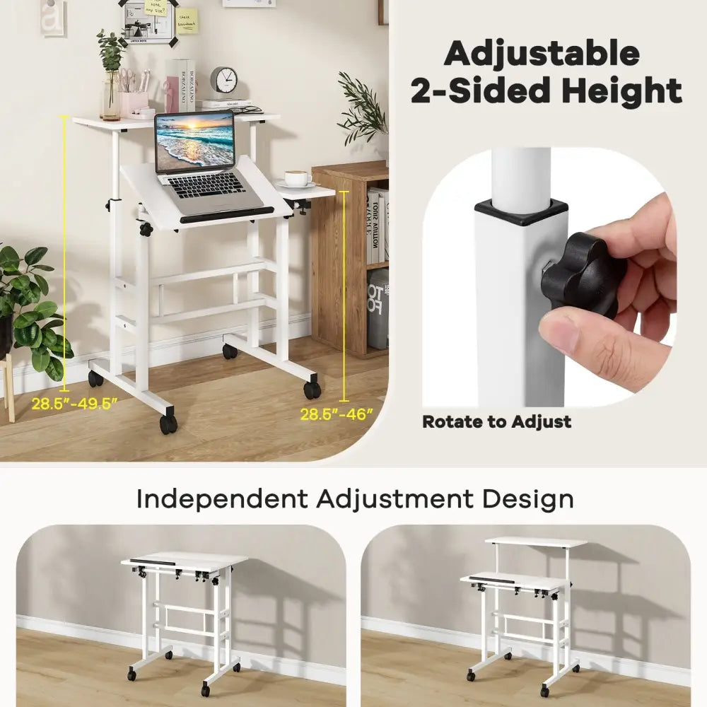 Mobile Stand-up Computer Desk Adjustable with 2 Tilting Desktops-White - White - Laptop Tables & Printer Stands