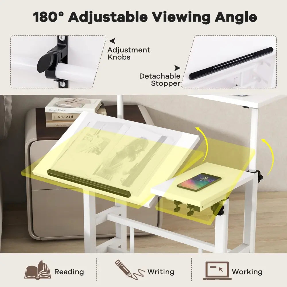 Mobile Stand-up Computer Desk Adjustable with 2 Tilting Desktops-White - White - Laptop Tables & Printer Stands
