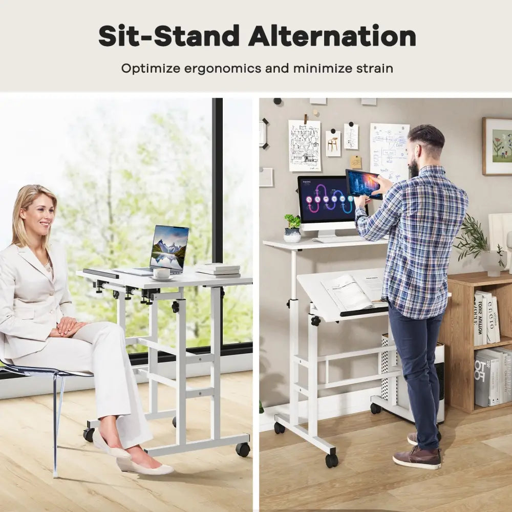Mobile Stand-up Computer Desk Adjustable with 2 Tilting Desktops-White - White - Laptop Tables & Printer Stands