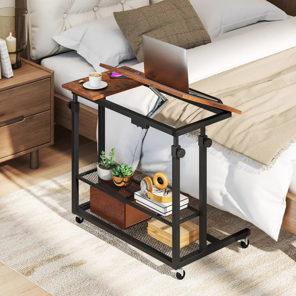 Mobile Stand up Desk Height Adjustable Standing Table with Tilting Tabletop-Rustic Brown - Rustic Brown - Standing Desks