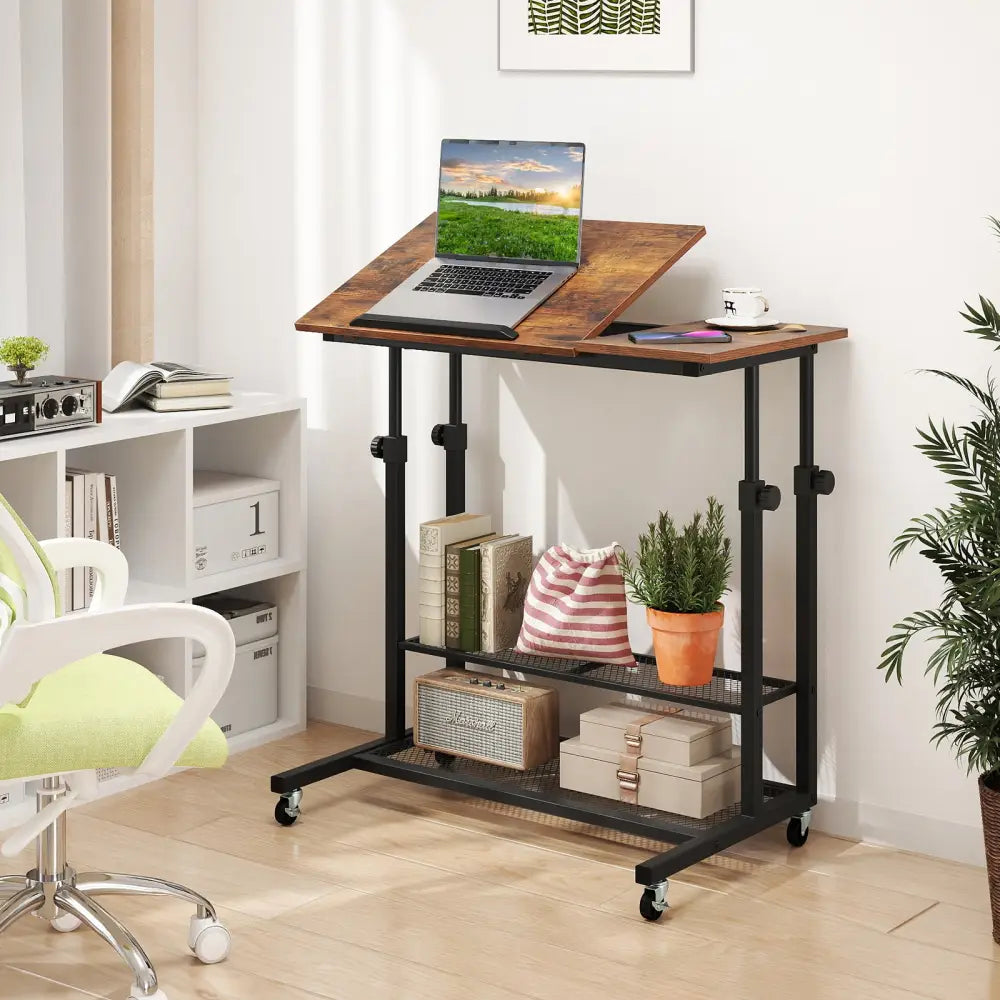 Mobile Stand up Desk Height Adjustable Standing Table with Tilting Tabletop-Rustic Brown - Rustic Brown - Standing Desks