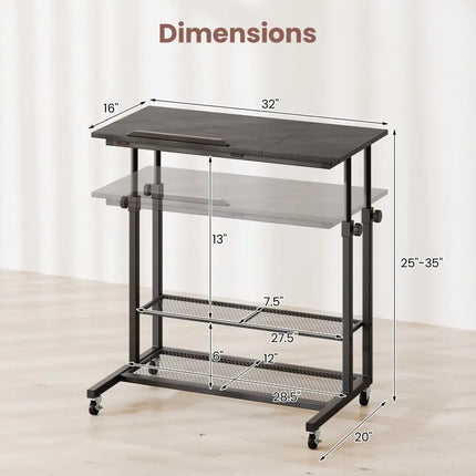 Mobile Stand up Desk Height Adjustable Standing Table with Tilting Tabletop-Oak - Oak - Standing Desks