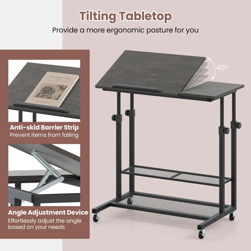 Mobile Stand up Desk Height Adjustable Standing Table with Tilting Tabletop-Oak - Oak - Standing Desks