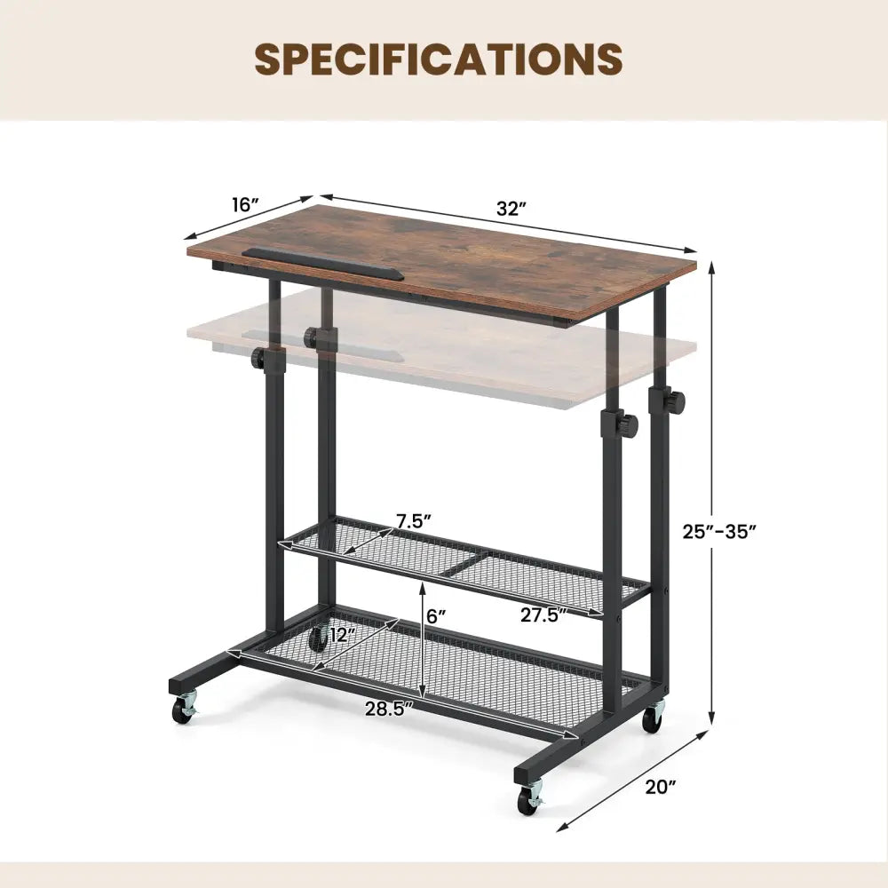 Mobile Stand up Desk Height Adjustable Standing Table with Tilting Tabletop-Rustic Brown - Rustic Brown - Standing Desks