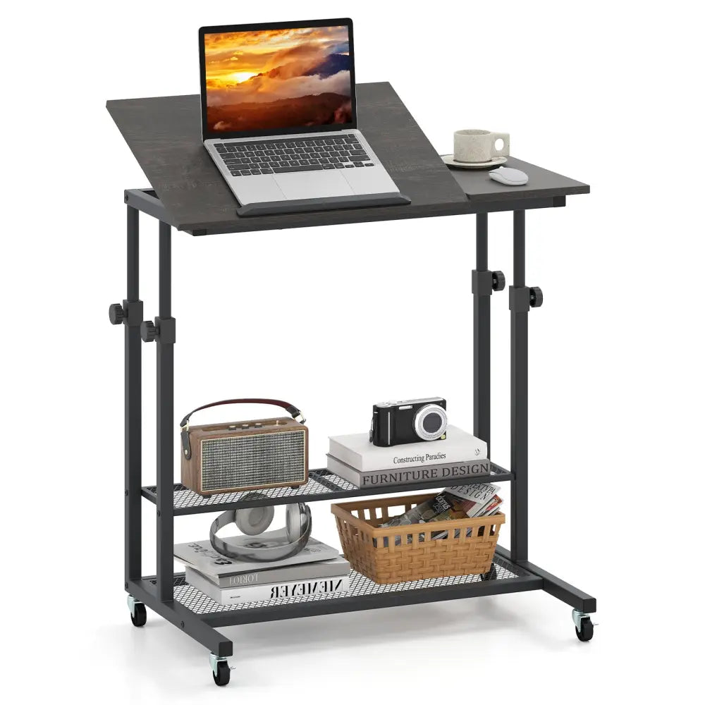 Mobile Stand up Desk Height Adjustable Standing Table with Tilting Tabletop-Oak - Oak - Standing Desks