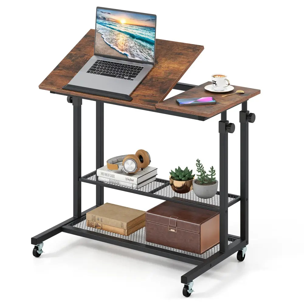 Mobile Stand up Desk Height Adjustable Standing Table with Tilting Tabletop-Rustic Brown - Rustic Brown - Standing Desks