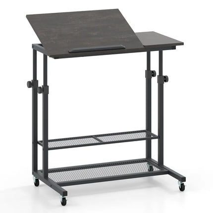 Mobile Stand up Desk Height Adjustable Standing Table with Tilting Tabletop-Oak - Oak - Standing Desks