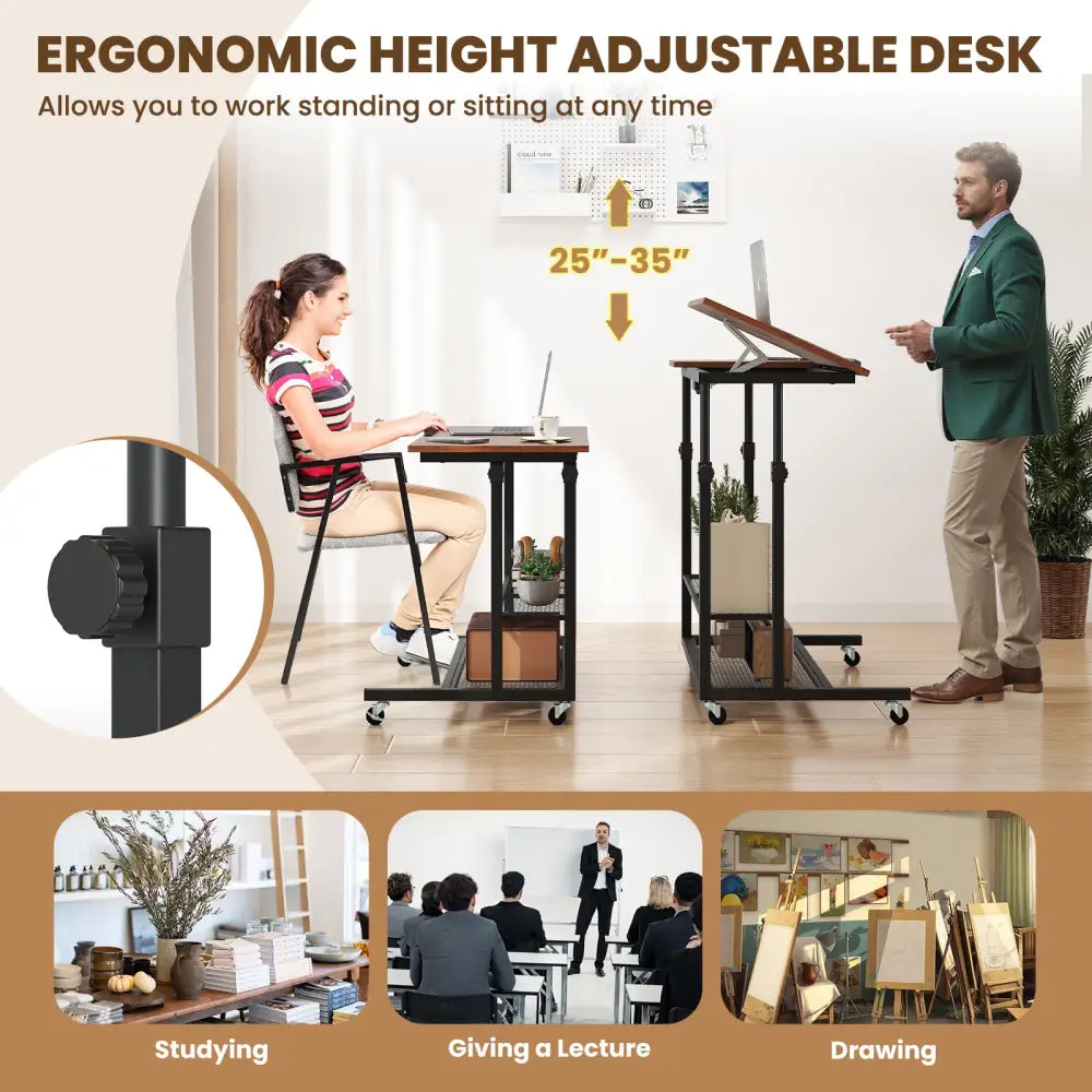 Mobile Stand up Desk Height Adjustable Standing Table with Tilting Tabletop-Rustic Brown - Rustic Brown - Standing Desks