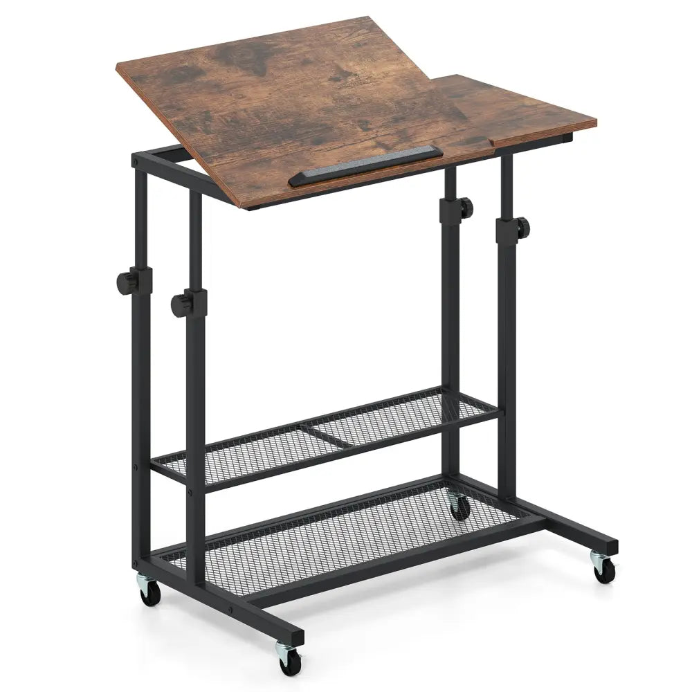 Mobile Stand up Desk Height Adjustable Standing Table with Tilting Tabletop-Rustic Brown - Rustic Brown - Standing Desks