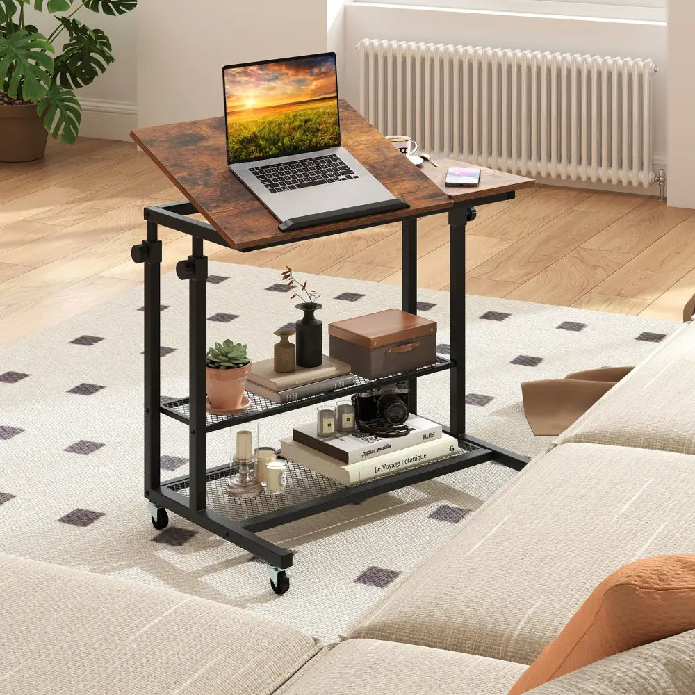 Mobile Stand up Desk Height Adjustable Standing Table with Tilting Tabletop-Rustic Brown - Rustic Brown - Standing Desks