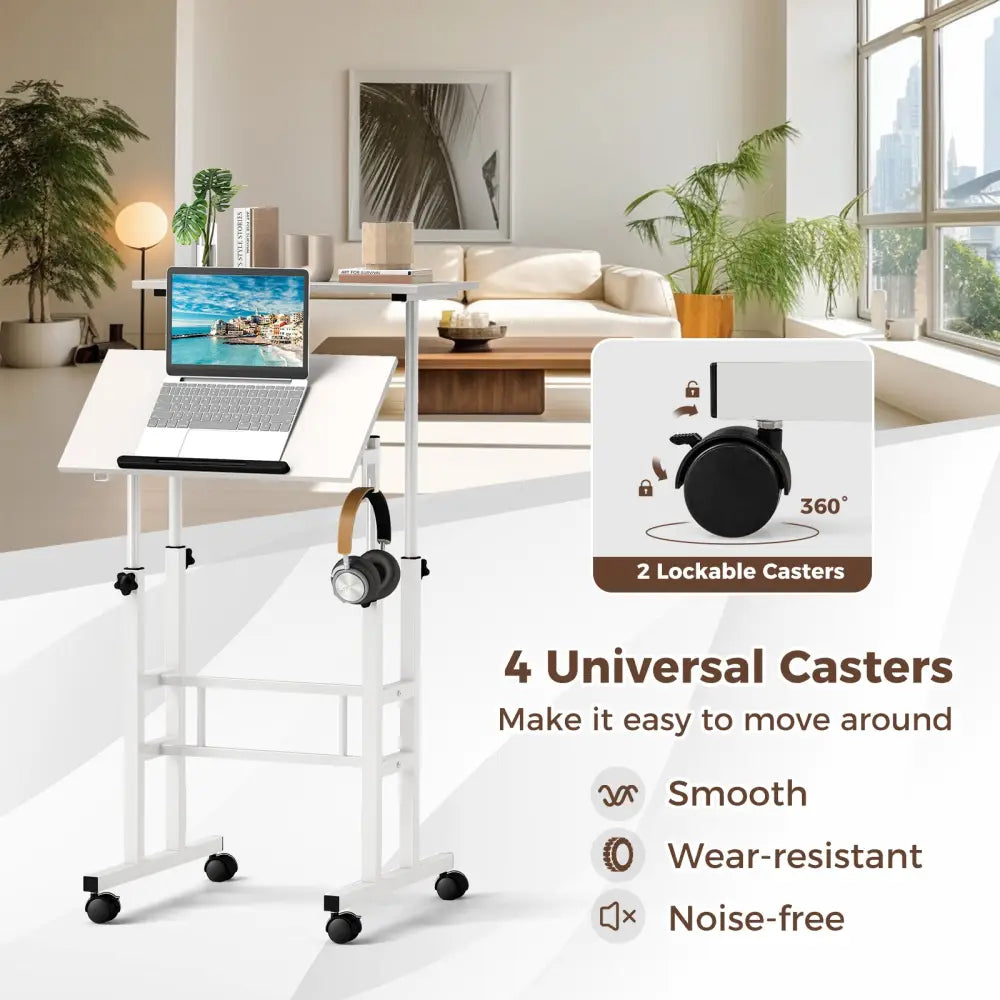 Mobile Standing Desk Height-Adjustable Laptop Cart with Split Top and Hanging Hooks-White - White - Laptop Tables &